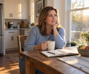 A 42-year-old woman with shoulder-length light brown hair sits at a wooden kitchen table in a cozy, modern home, holding a mug of coffee beside an open notebook. Warm sunrise light streams through a nearby window as she gazes thoughtfully into the distance, creating a calm and reflective morning atmosphere.
