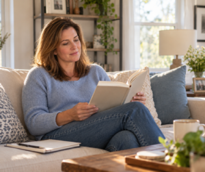A 42-year-old woman with shoulder-length light brown hair sits comfortably on a sofa in a bright, modern living room, reading a wellness book. She wears a light blue sweater and jeans, with a notebook and pen beside her on the couch. Natural daylight fills the room, creating a warm, peaceful atmosphere with cozy home décor and indoor plants in the background.