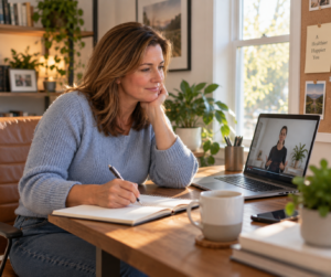 A 42-year-old woman with shoulder-length light brown hair sits at a wooden desk in a modern home office, watching an educational wellness video on her laptop while taking notes in a notebook. She wears a light blue sweater and jeans, surrounded by plants, books, and a coffee mug. Soft natural daylight creates a calm, focused atmosphere for learning.