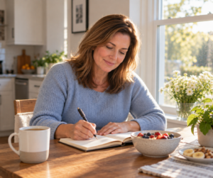 A 42-year-old woman with shoulder-length light brown hair smiles gently while writing in her journal at a wooden table beside a sunlit window. She wears a light blue sweater and enjoys a healthy breakfast with fresh fruit and coffee in a bright, modern kitchen. Warm morning sunlight and fresh flowers create a peaceful, optimistic atmosphere.